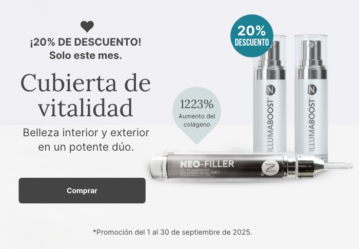 A promotional banner for a combo of Neora’s Neo-FILLER and NeoraFit Slim + Skin. Featured is text reading ”20% OFF this month only.” and a “Shop Now” button underneath it.